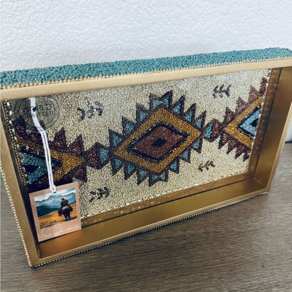 Southwest Western Aztec Tribal Beaded Blue Tan Brown Decor Serving Decor Tray - Picture 10 of 11
